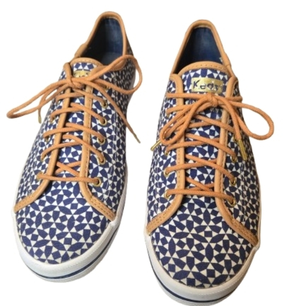 Keds Blue and White‎ Geometric Sneakers With Leather Trim